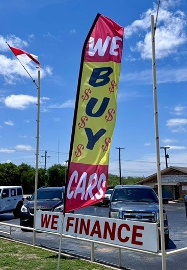 Custom designed 16 ft. Flags with stakes, printed on both sides, washable UV material from InfluxRocket. 